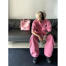 设计款蓝粉色抽绳工装高腰宽松直筒阔腿裤BK2314-P70控98，男装工装外套，星座1002-1