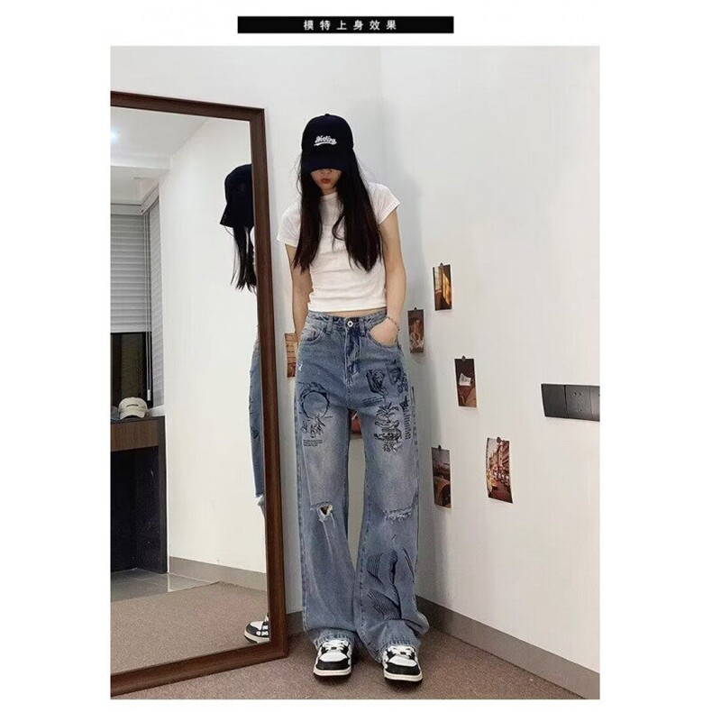 DAA206-特P45美式涂鸦阔腿裤牛仔裤男女款潮牌长裤-网图现货图片