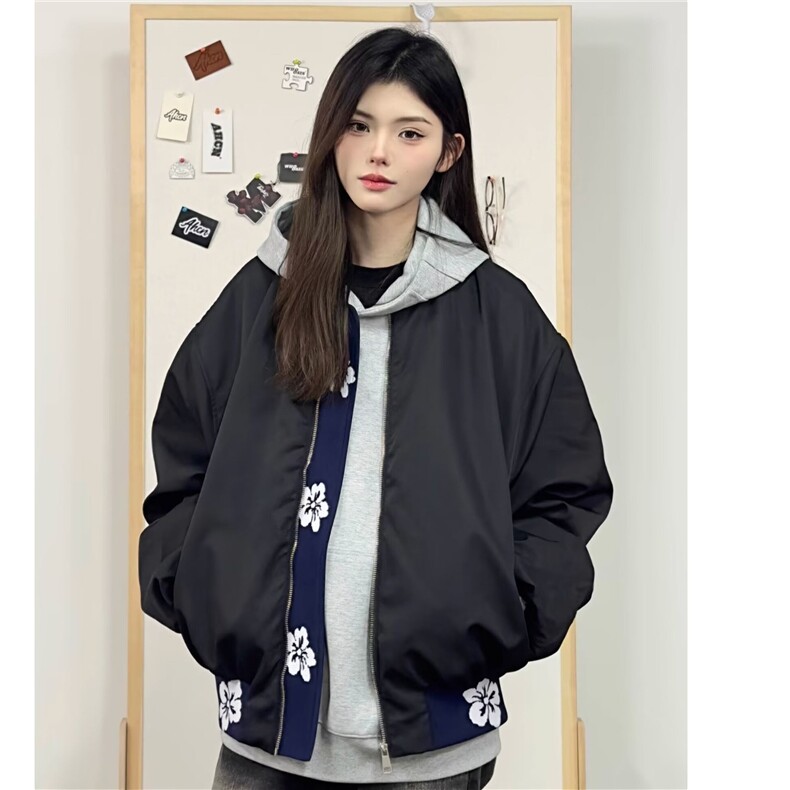 ins韩版潮流男女情侣拼接刺绣撞色棒球领夹克棉衣冬季青少年棉服图片