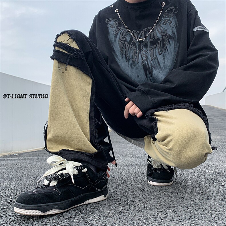B221美式ins高街暗黑小众情侣个性破洞牛仔裤LK23046-P70控98,男装牛仔裤,电商B221