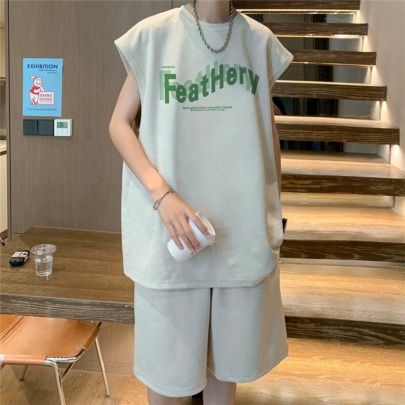 直播美式麂皮绒宽松背心无袖t恤短裤大码两件套套装TZ108-P58,男装T恤,电商A486