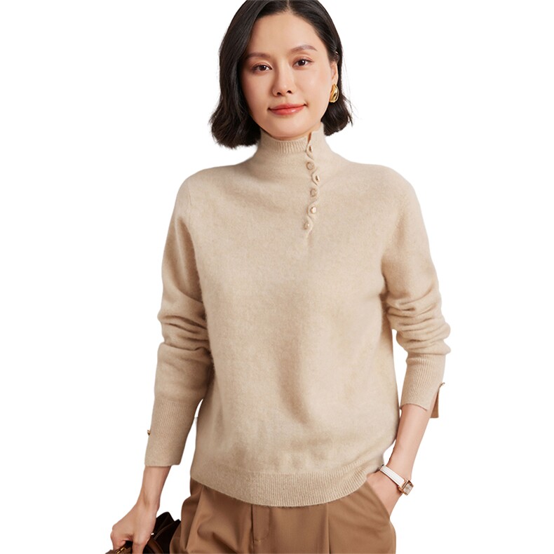 时尚女士高领套衫优雅扭扣设计显瘦修身开叉袖,女装羊绒衫,臻维羊绒