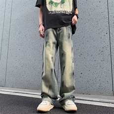 美式做旧涂鸦微喇牛仔裤男痞帅hiphop高街水洗阔腿长裤90077-p53，男装牛仔裤，星座1008-1