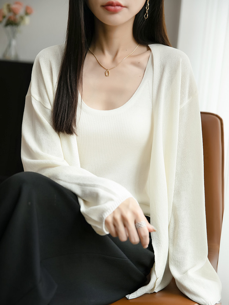 法式V领冰丝针织开衫女长袖防晒衣2025夏薄披肩上衣薄款外穿小衫,针织衫/毛衣,佳绒包芯纱店