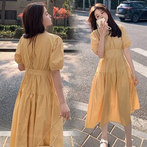 2025夏装新款中长款修身显瘦短袖连衣裙修身圆领裙子女装长裙甜美,女装连衣裙,红依娜