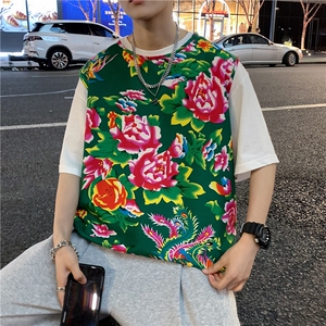 夏季大码东北大花布男背心坎肩运动马甲男装风民族牡丹花MJ01图片