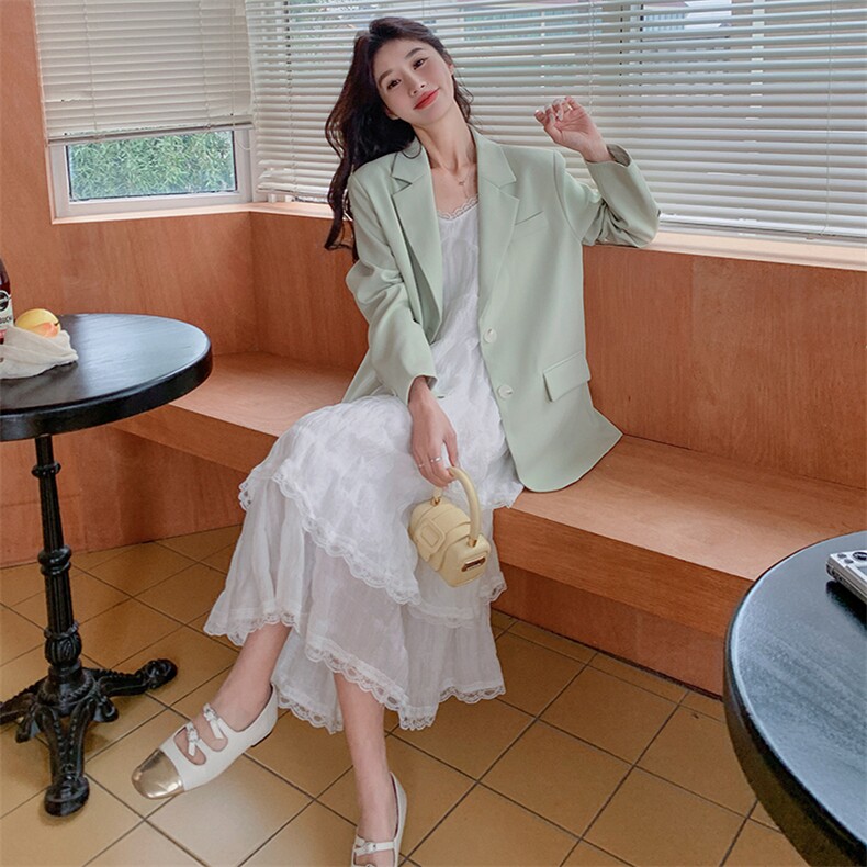 韩系绿色西服外套吊带连衣裙女2025春秋季新款高级感洋气两件套装图片