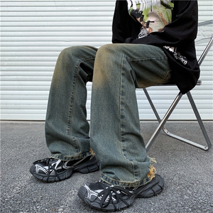 港风秋款男牛仔裤复古渐变色破洞直筒宽松长裤NK1674 P45图片
