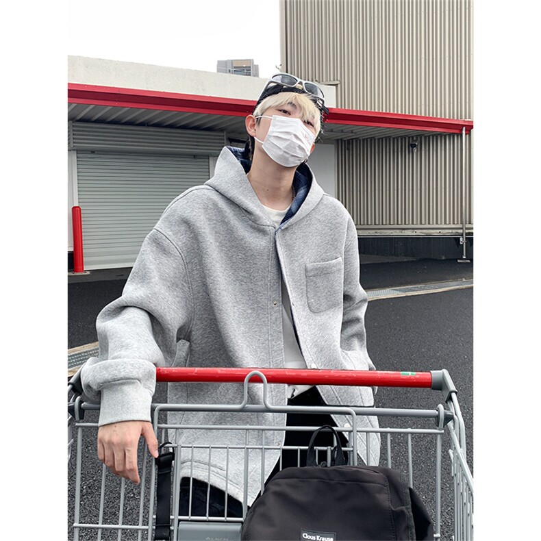 420克重磅日系纯色格纹开衫男女休闲连帽卫衣外套W4687-特价P65，男装卫衣，电商A007