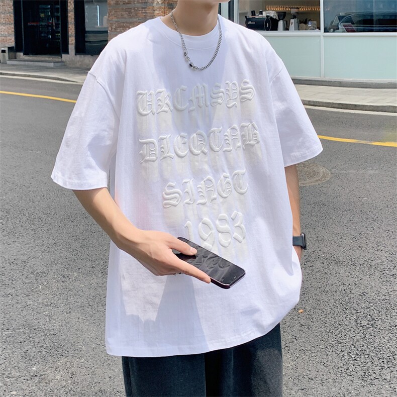 904-XT17-P35 美式复古哥特文发泡印花短袖T恤男女 100棉图片