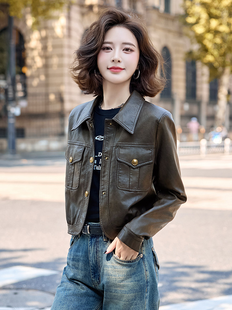 水洗皮衣外套女2025春秋新款复古小个子美拉德修身机车风夹克上衣,女装皮衣,臻衣坊
