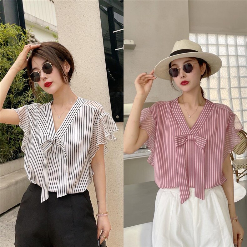 【夏季新款】木耳边条纹短袖上衣，其它，艾绮雪影