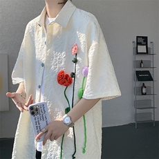 夏季法式小众肌理感衬衫短袖原创立体花朵衬衣多巴胺外套男CS531，男装衬衫，电商D206-1