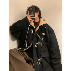 EQ160冬季呢大衣男假两件牛角扣撞色毛呢外套小众设计感棉衣P148，男装棉衣，电商C306-1
