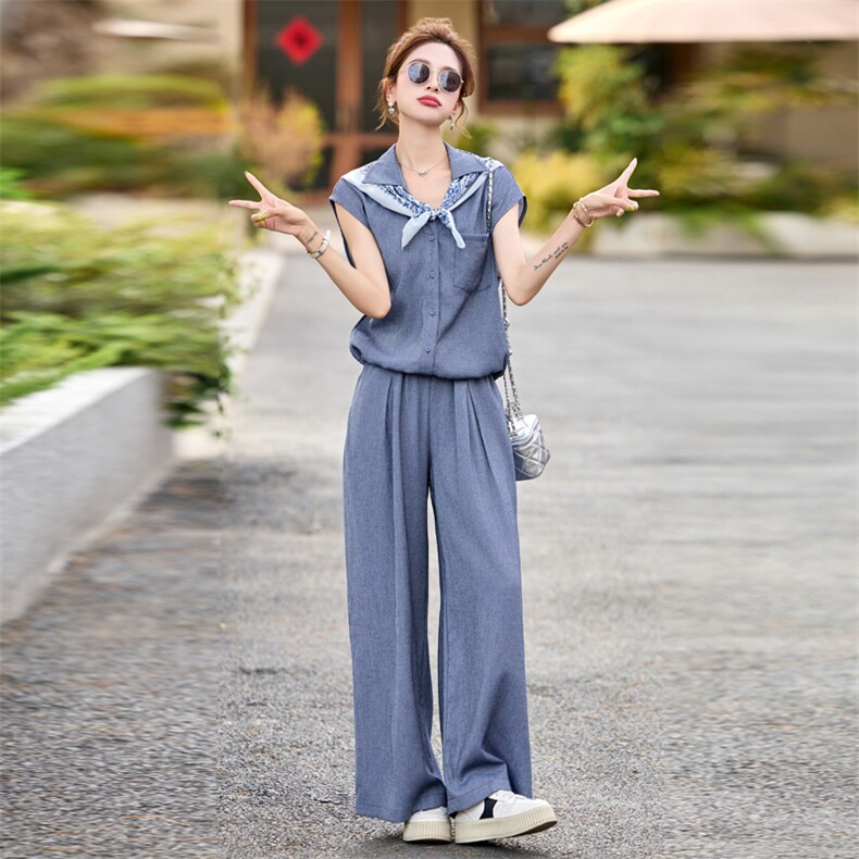 韩版简约气质翻领短袖上衣阔腿裤两件套女2025夏新款休闲时尚套装,女装套装/套裙,瑶迪依秀