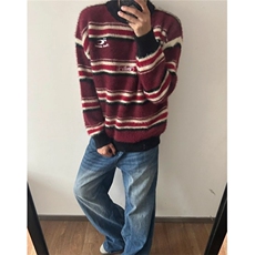 秋冬刺绣条纹仿貂毛圆领毛衣男女慵懒风套头针织衫外套M105，男装针织衫/毛衣，星座1116A（原606A-3）