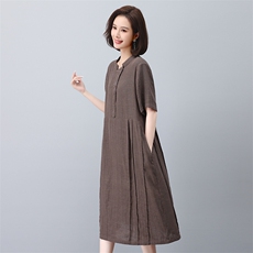棉麻连衣裙夏季2025新款妈妈遮肚显瘦宽松a字裙亚麻裙子女中长款，女装连衣裙，叶笙衣