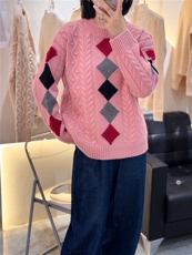 菱形格提花山羊绒衫女圆领宽松加厚套头毛衣针织打底衫，女装羊绒衫，大千羊绒