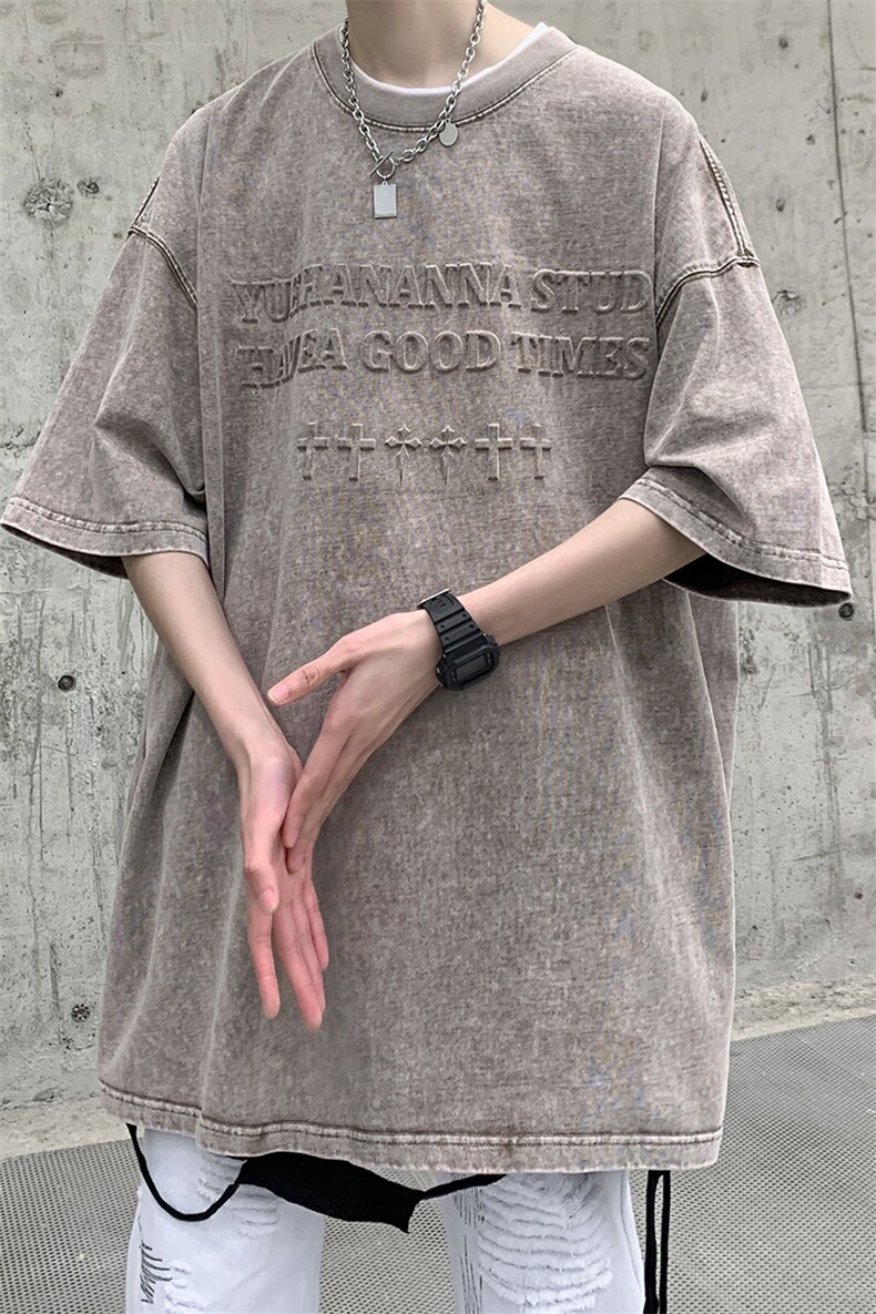 抖音供货、210克现货水洗钢印立体印花短袖T恤D223A-ST2308-P40,男装T恤,电商019-1