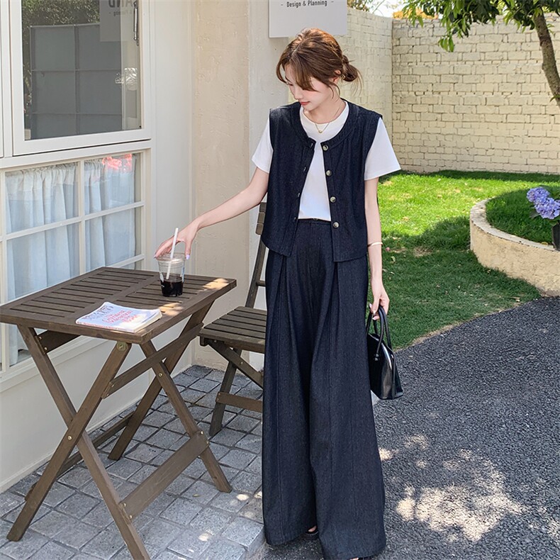 气质轻熟风夏日ootd穿搭套装女2025新款复古马甲阔腿裤盐系一整套,女装套装/套裙,2C009