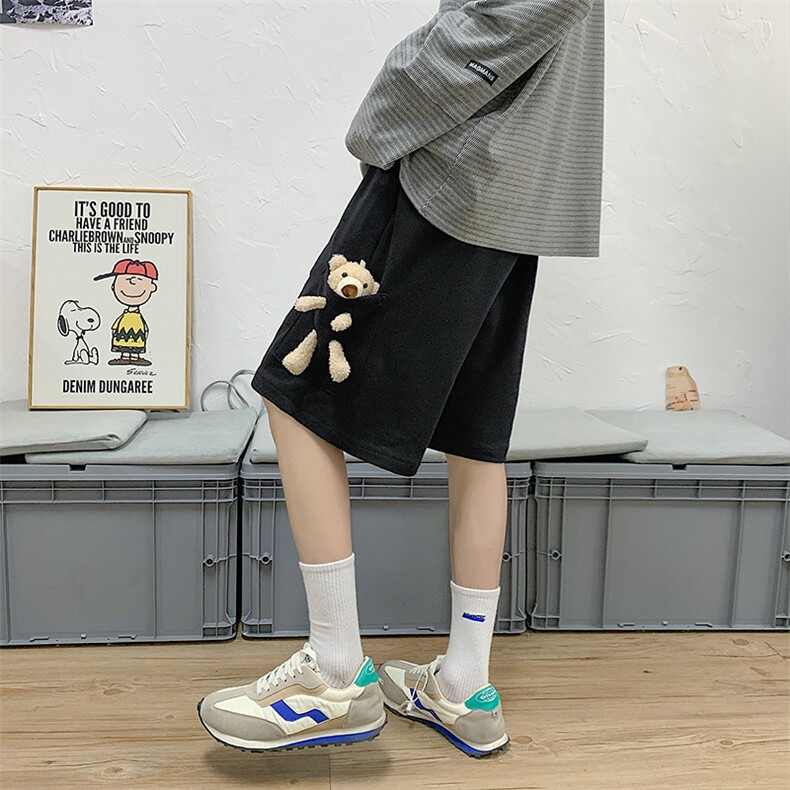 小熊玩偶短裤男夏季薄款设计感小众休闲宽松潮牌港风情侣五分裤子,男装牛仔裤,星座608A
