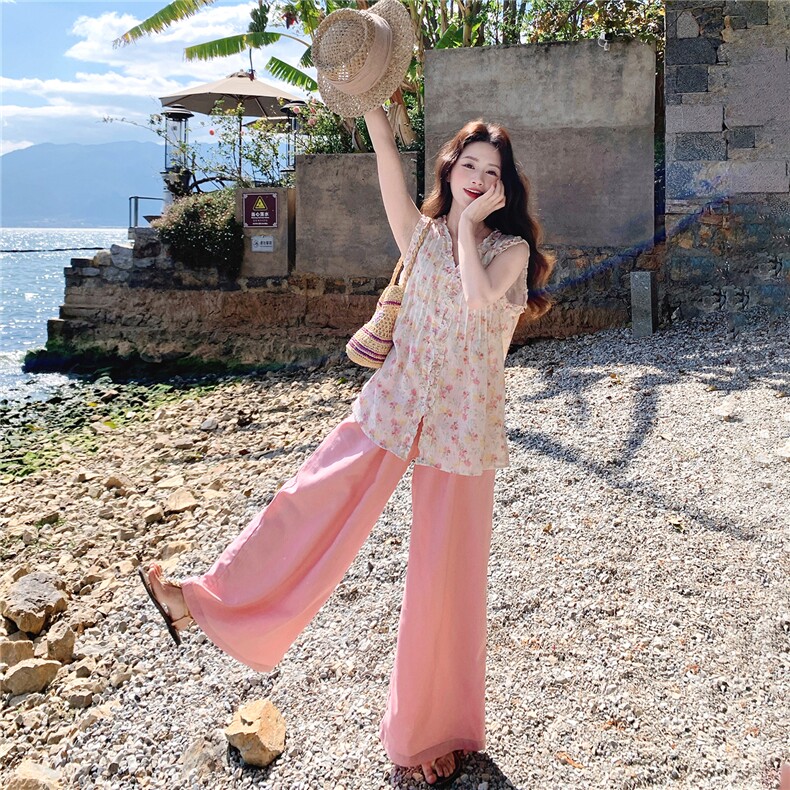夏日少女风套装2026新款韩式碎花木耳边背心宽松阔腿裤两件套裤,女装套装/套裙,流量+