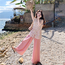 夏日少女风套装2026新款韩式碎花木耳边背心宽松阔腿裤两件套裤，女装套装/套裙，流量+