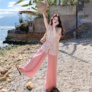 夏日少女风套装2026新款韩式碎花木耳边背心宽松阔腿裤两件套裤图片