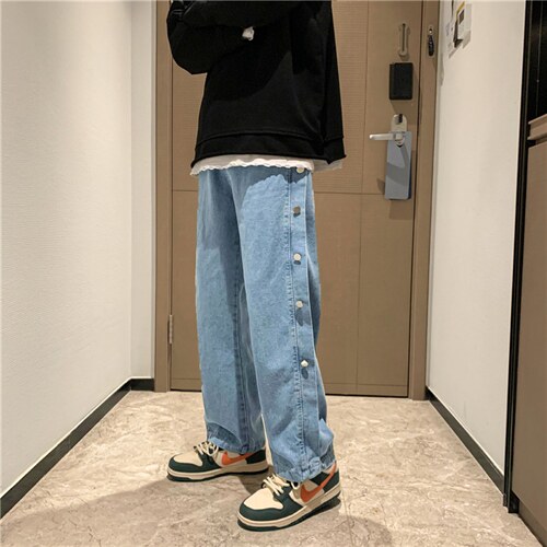 中性拖地排扣牛仔裤直筒宽松炸街阔腿裤古着感工装裤子k196-p40图片