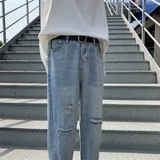 港风春夏男破洞牛仔裤青少年潮小直脚九分裤n，男装牛仔裤，星座1013-1