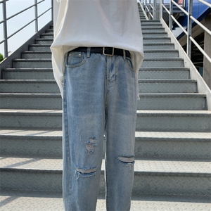 港风春夏男破洞牛仔裤青少年潮小直脚九分裤n图片