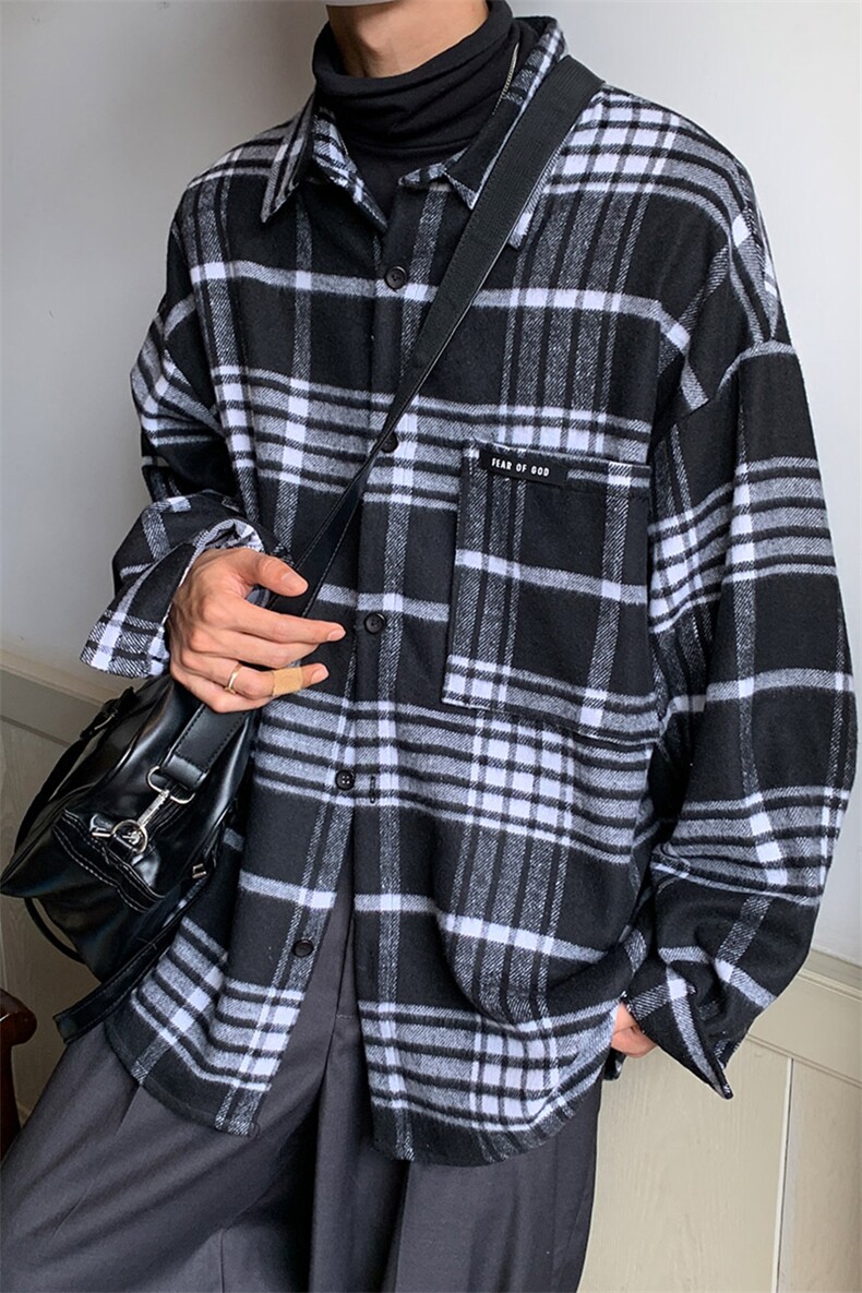 22春秋季新款厚格子衬衫男外套宽松休闲痞帅上衣DX155P55控78,男装衬衫,电商B413-1