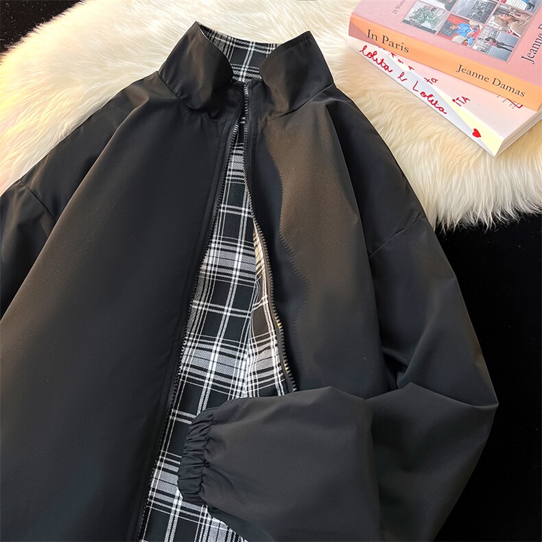 春秋港风新款双面穿格子夹克外套男女同款立领夹克外套JK8890 P55图片