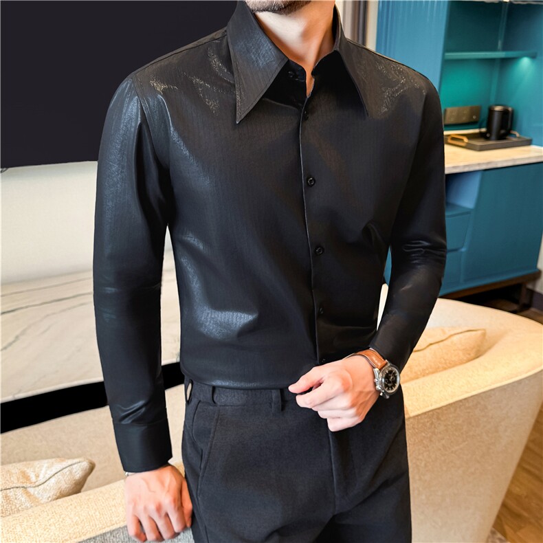 2026春装高档莱赛尔棉长袖衬衫条纹亮面个性大尖领衬衣C9930-P88，男装衬衫，电商A213