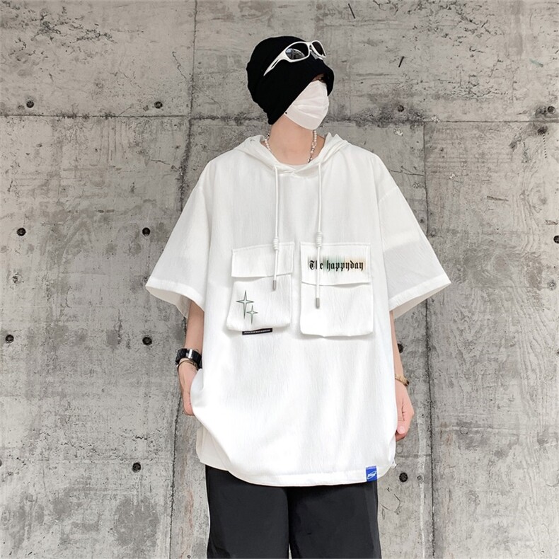 DSA028-MQA2330P38夏季复古潮牌连帽工装短袖男百搭休闲卫衣,男装T恤,电商A028