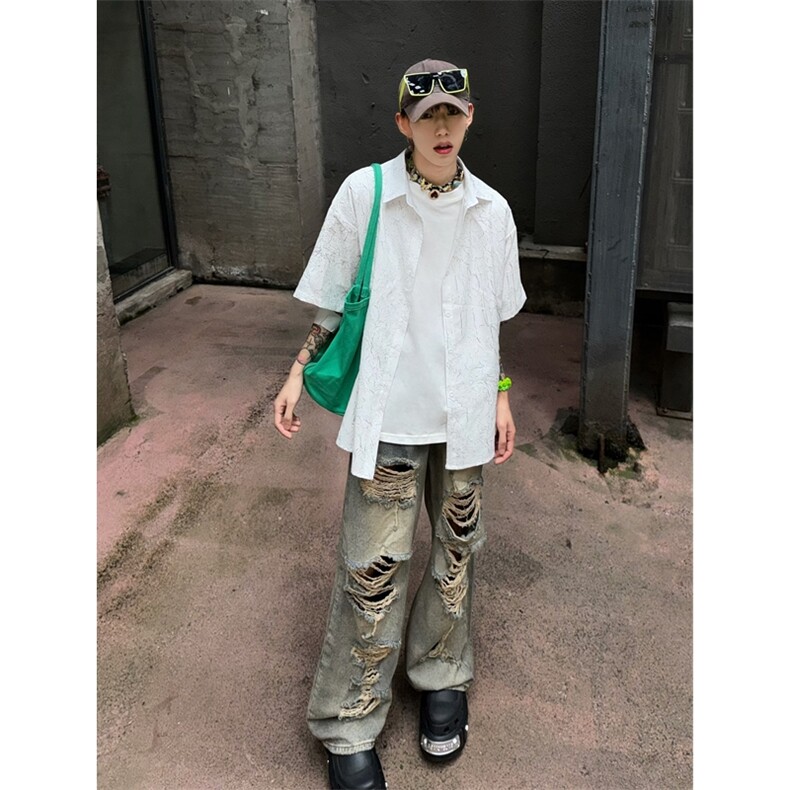 量大优 夏季小众肌理感裂纹衬衫压皱套装C2436-P45裤K2438-P35图片