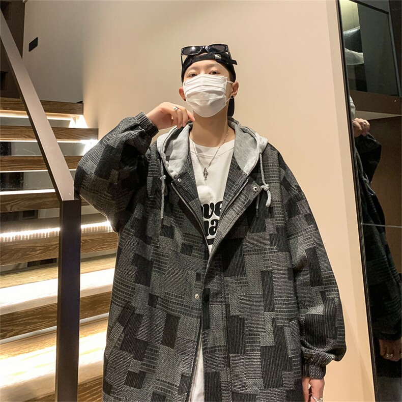 JK6007/P80秋装港风牛仔连帽格子夹克男大码外套上衣男,男装夹克,电商A141