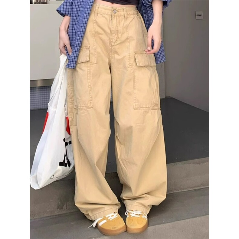 美式杏色多口袋牛仔工装裤女夏季新款设计感宽松显瘦阔腿休闲裤子,男装工装外套,星座506A