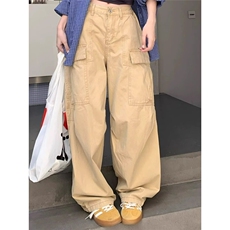 美式杏色多口袋牛仔工装裤女夏季新款设计感宽松显瘦阔腿休闲裤子，男装工装外套，星座506A
