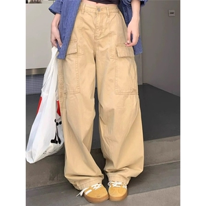 美式杏色多口袋牛仔工装裤女夏季新款设计感宽松显瘦阔腿休闲裤子图片