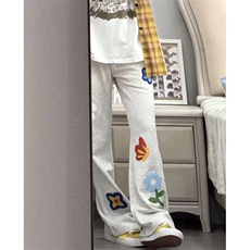 网图！现货2025春夏新款港风情侣装男女花朵休闲裤运动卫裤K25003，男装休闲裤，星座715-1