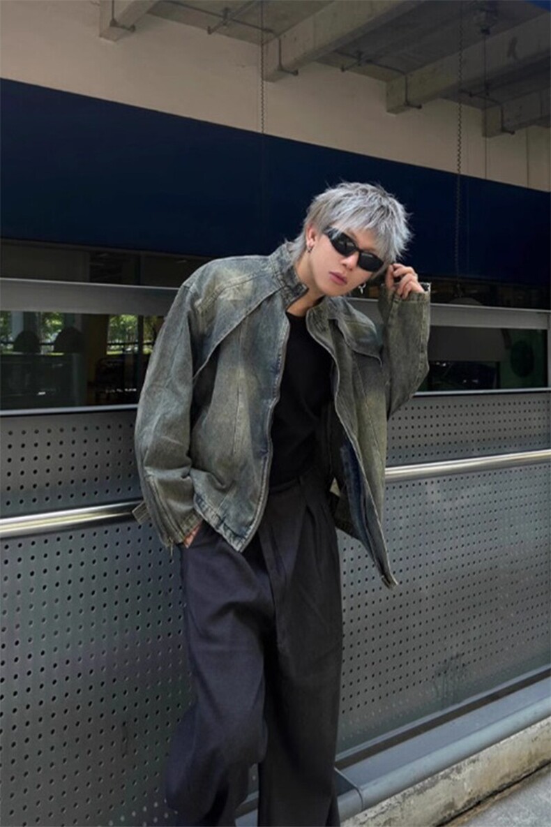 小众解构短款牛仔外套高级感痞帅水洗做旧美式夹克JK8625特P75,男装工装外套,星座908-1
