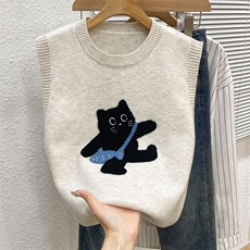 新款圆领小猫提花时尚马甲百搭简约风，女装针织衫/毛衣，兰叶羊绒