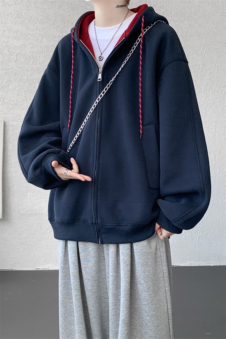 8XL-M秋连帽卫衣男宽松休闲纯色拉链开衫外套拼色帽衫运动WY27P65,女装短外套,电商D206-1