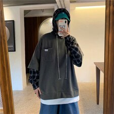 卫衣男秋冬港风加绒宽松套头连帽假两件休闲外套w126-p38 加绒45图片