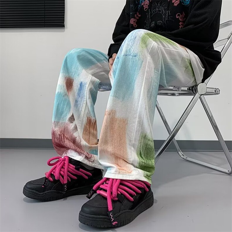 美式彩绘牛仔拖地裤男夏季2024新款高腰显瘦设计感K6033-P52,男装休闲裤,星座1109-3