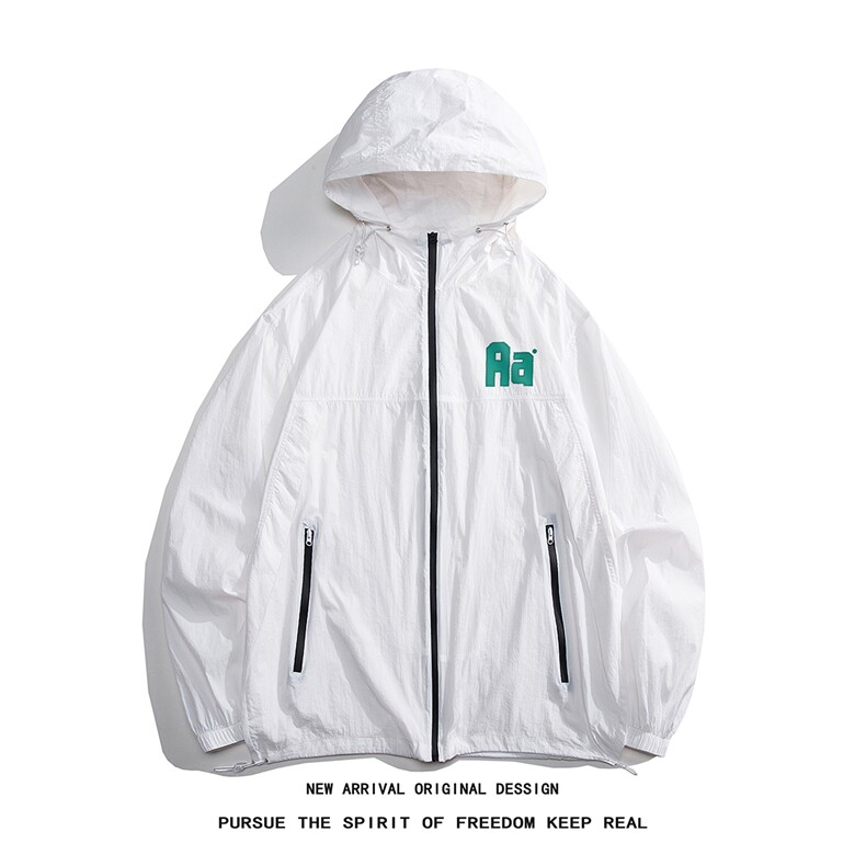 白底夏季UPF50+拉链连帽开衫薄款防晒衣百搭宽松外套F163P65控88，男装防晒衣，电商A247-1