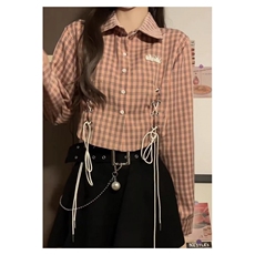 粉色格子长袖衬衫女早秋美式复古学院风绑带Polo领辣妹短款上衣女，男装衬衫，星座506A