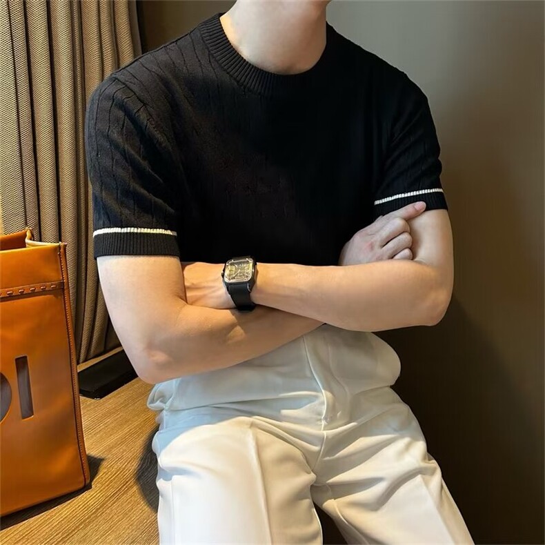 麻花纹杏色圆领短袖毛衣男内搭打底衫春季薄款针织衫M869,男装针织衫/毛衣,星座1116A-2（原606A-1）