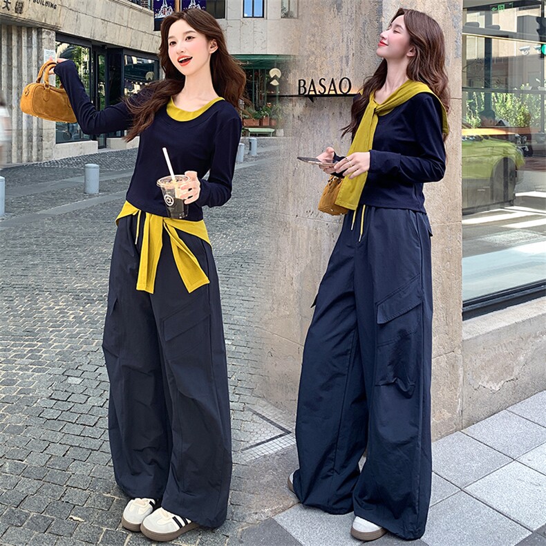 慵懒风撞色披肩长袖上衣工装阔腿裤两件套女2025秋季新款休闲套装，女装套装/套裙，纯色衣恋